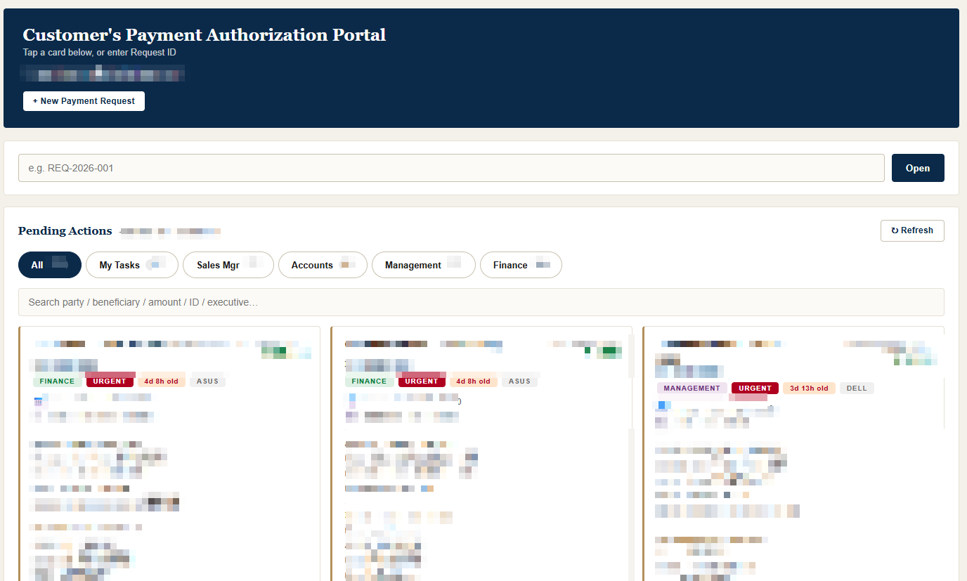 Customer payment authorization portal with pending actions grouped by department
