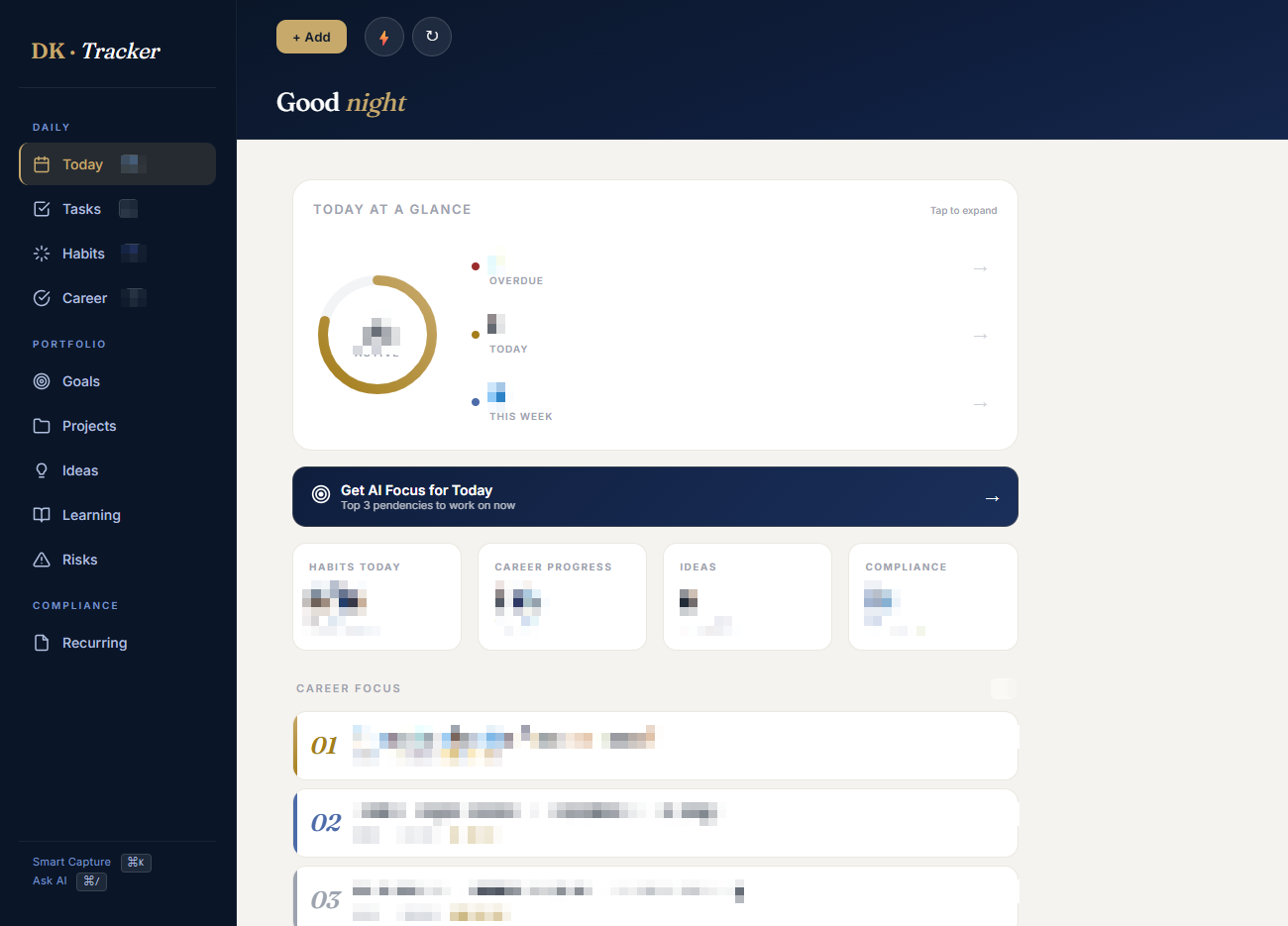 Codexo One dashboard showing today at a glance, habits, career progress and compliance counters