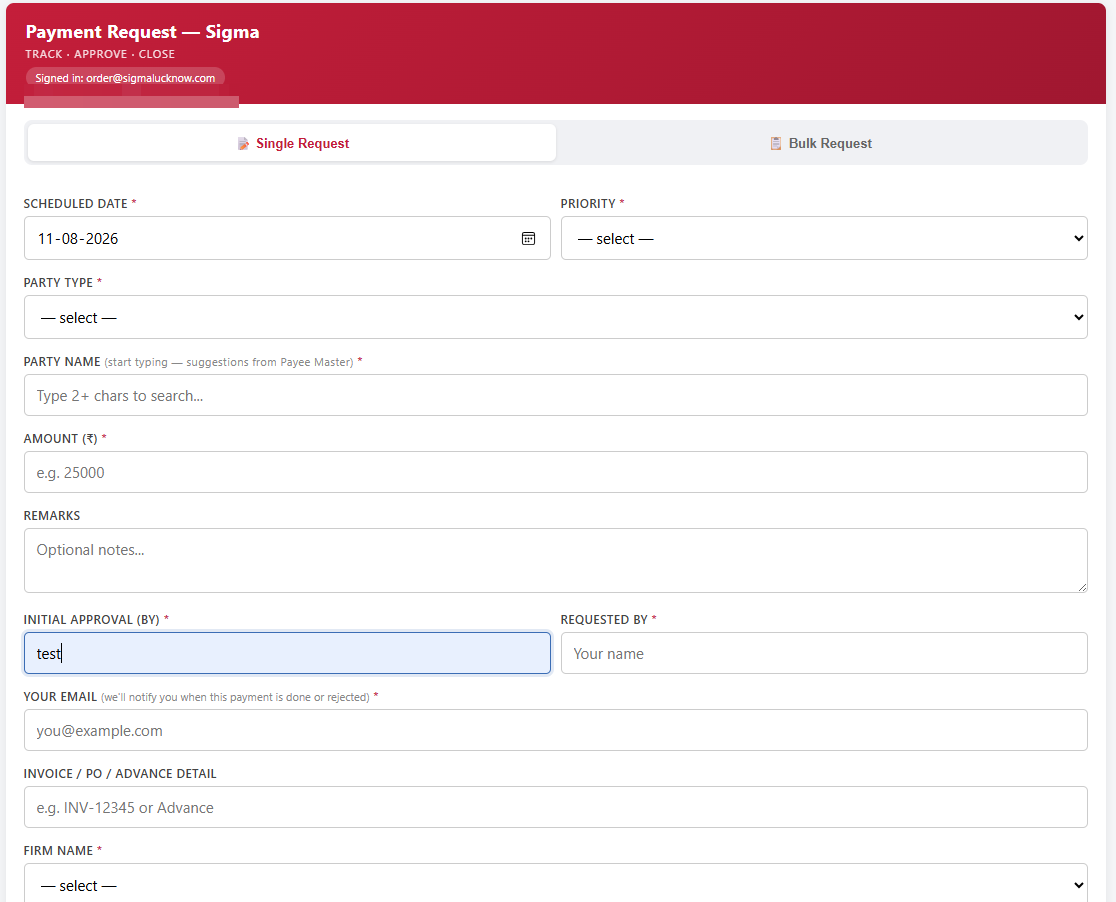 Payment request form with scheduled date, party, amount and approval fields