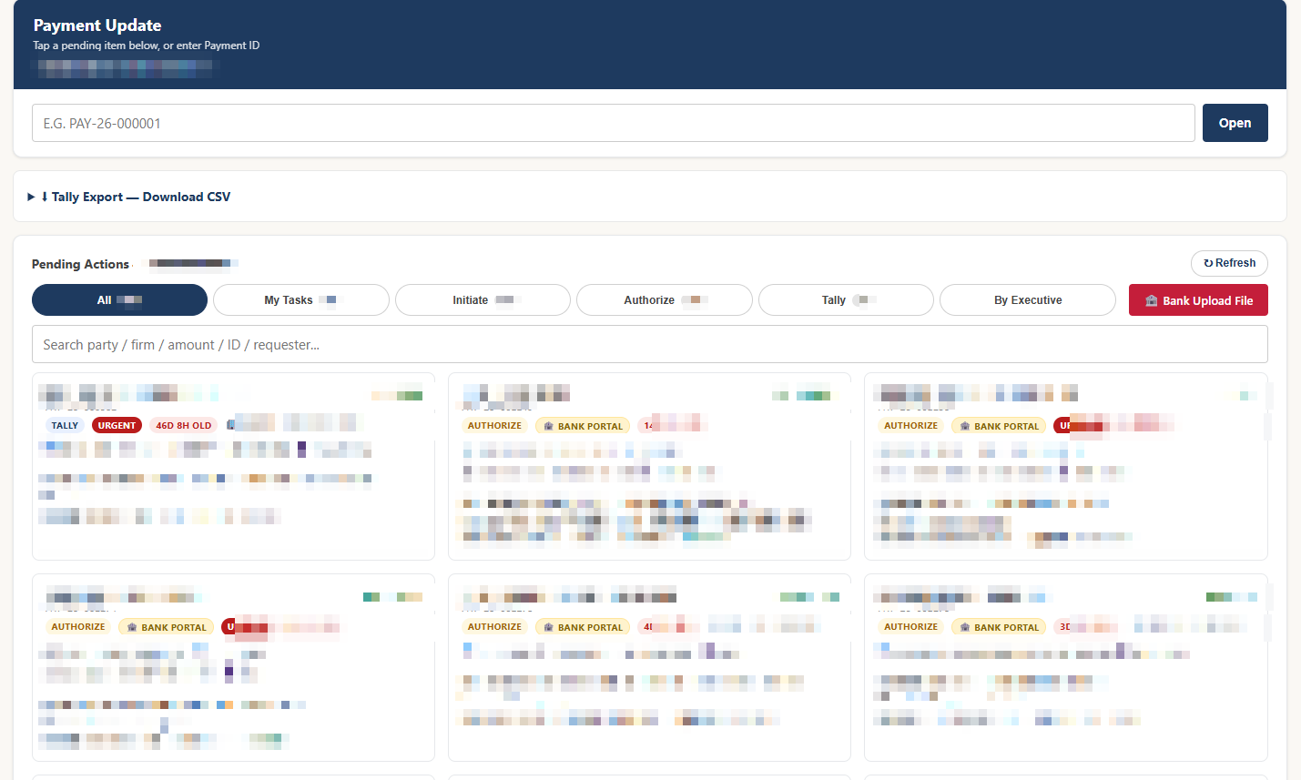 Payment approval console listing pending payment actions with status filters